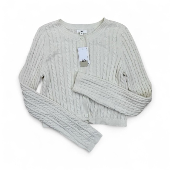 BP Cardigan Sweater Womens Size XS Ivory Cropped Cable Knit Button-Front - Picture 1 of 8